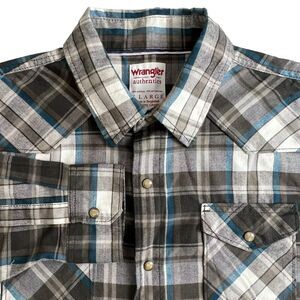 Wrangler Mens Blue Gray Plaid Pearl Snap Long Sleeve Button Up‎ Flannel Shirt XL